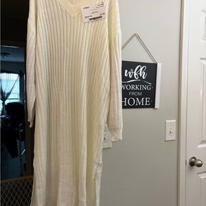 Cream Ribbed Knit Sweater Dress
